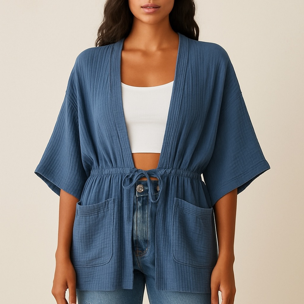 Prairie Underground Slate Blue Kimono Cocoon Cotton Duster Beach Cover Up M/L